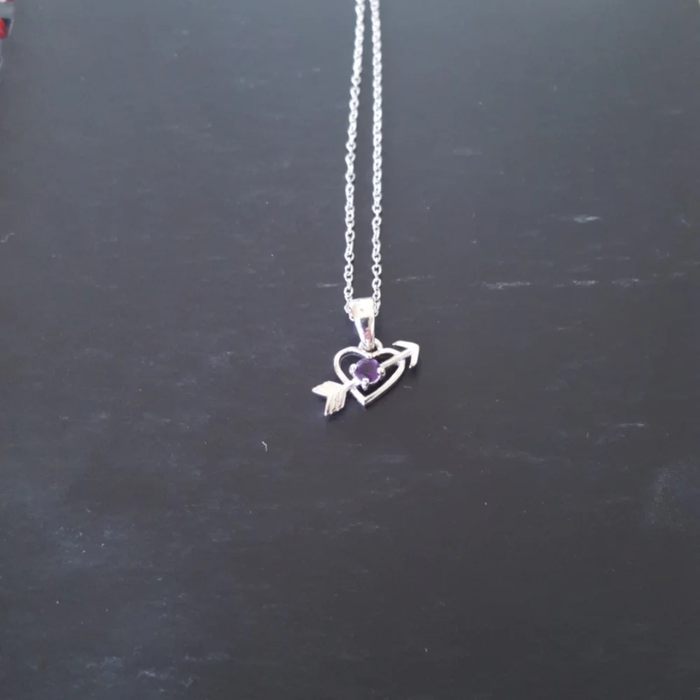 Girls Necklace small heart w arrow and purple stone